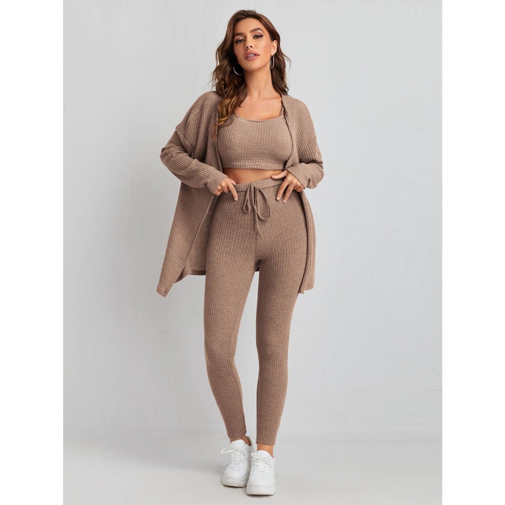 3 piece set: Waffle Knit Tank Top & Leggings & Coat cardigan mauve - Picture 8 of 11